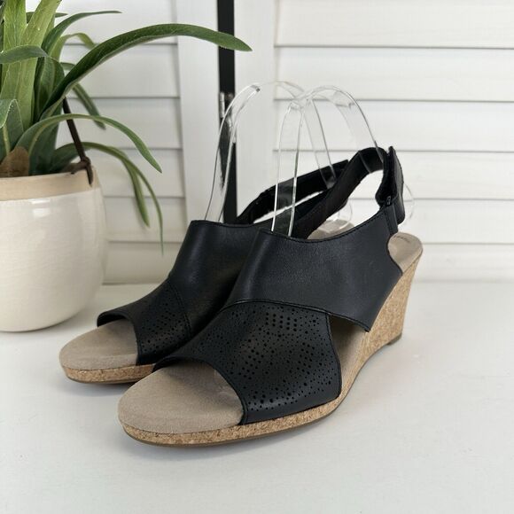 Clarks Lafley Joy Black Lasercut Cork Wedge Heel Sandal Comfort Shoe Size 9‎ M - Picture 1 of 9